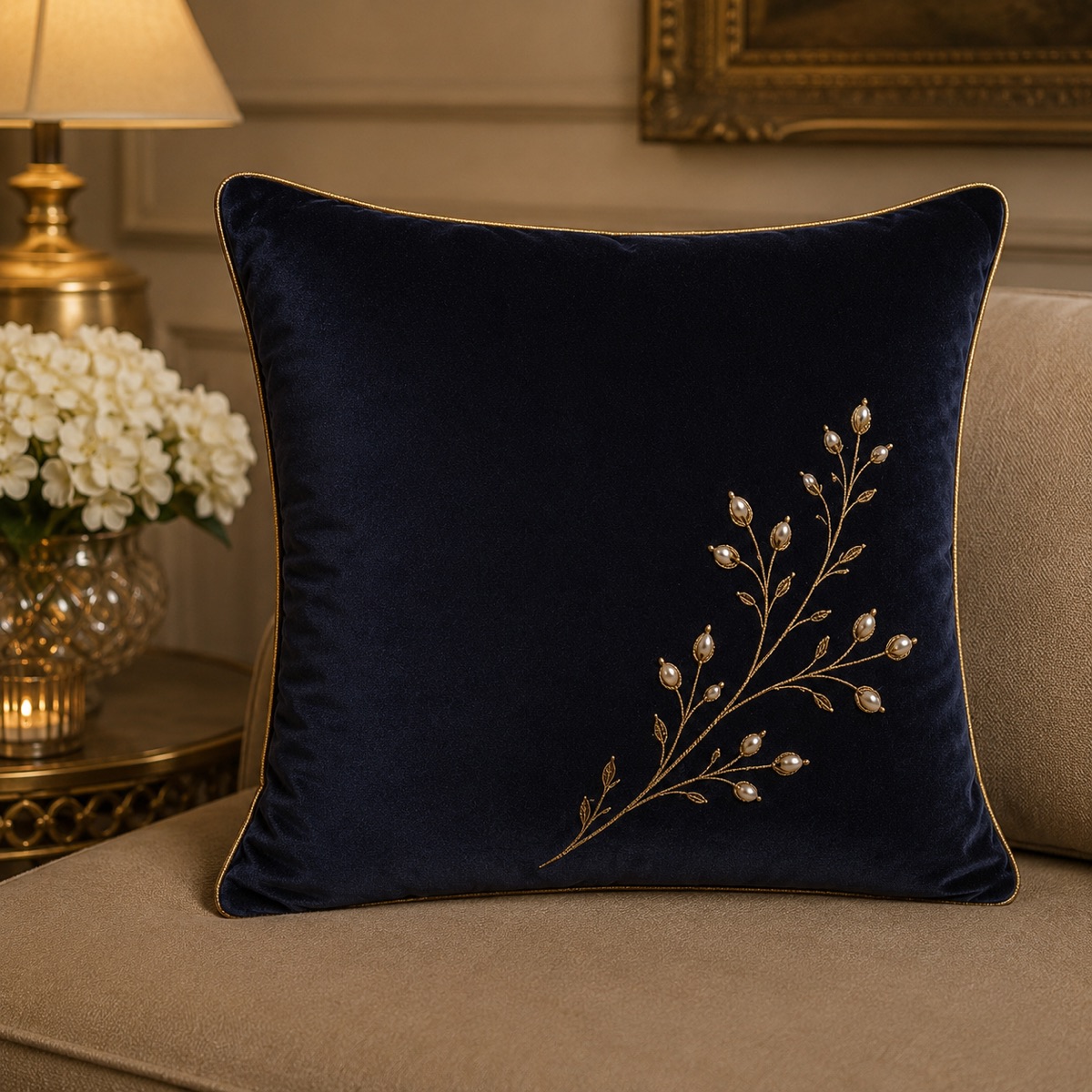Luxury cream cushion with Mughal inspired embroidery